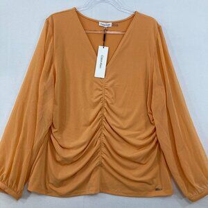 New Calvin Klein size XL Orange Cream V neck Ruched Front Feminine Blouse
